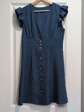 SHEIN Navy Button-Front V-Neck Midi Dress with Ruffle Sleeves